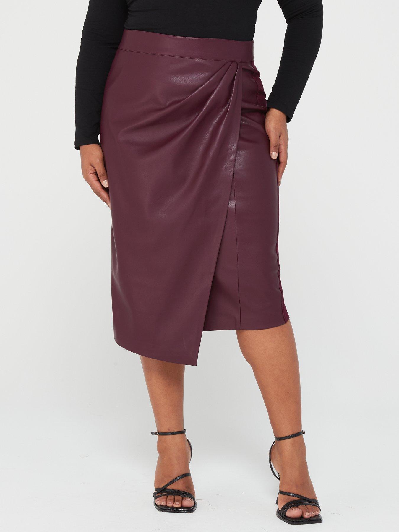 V by Very Curve Faux Leather Wrap Detail Midi Skirt - Brown