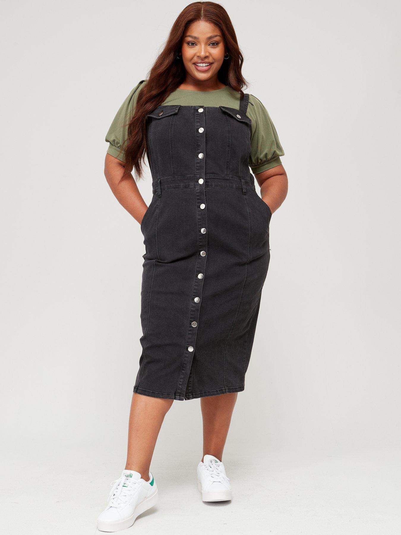 Plus Button Side Pinafore Denim Dress  Plus size pinafore dress, Pinafore  dress outfit, Denim pinafore dress