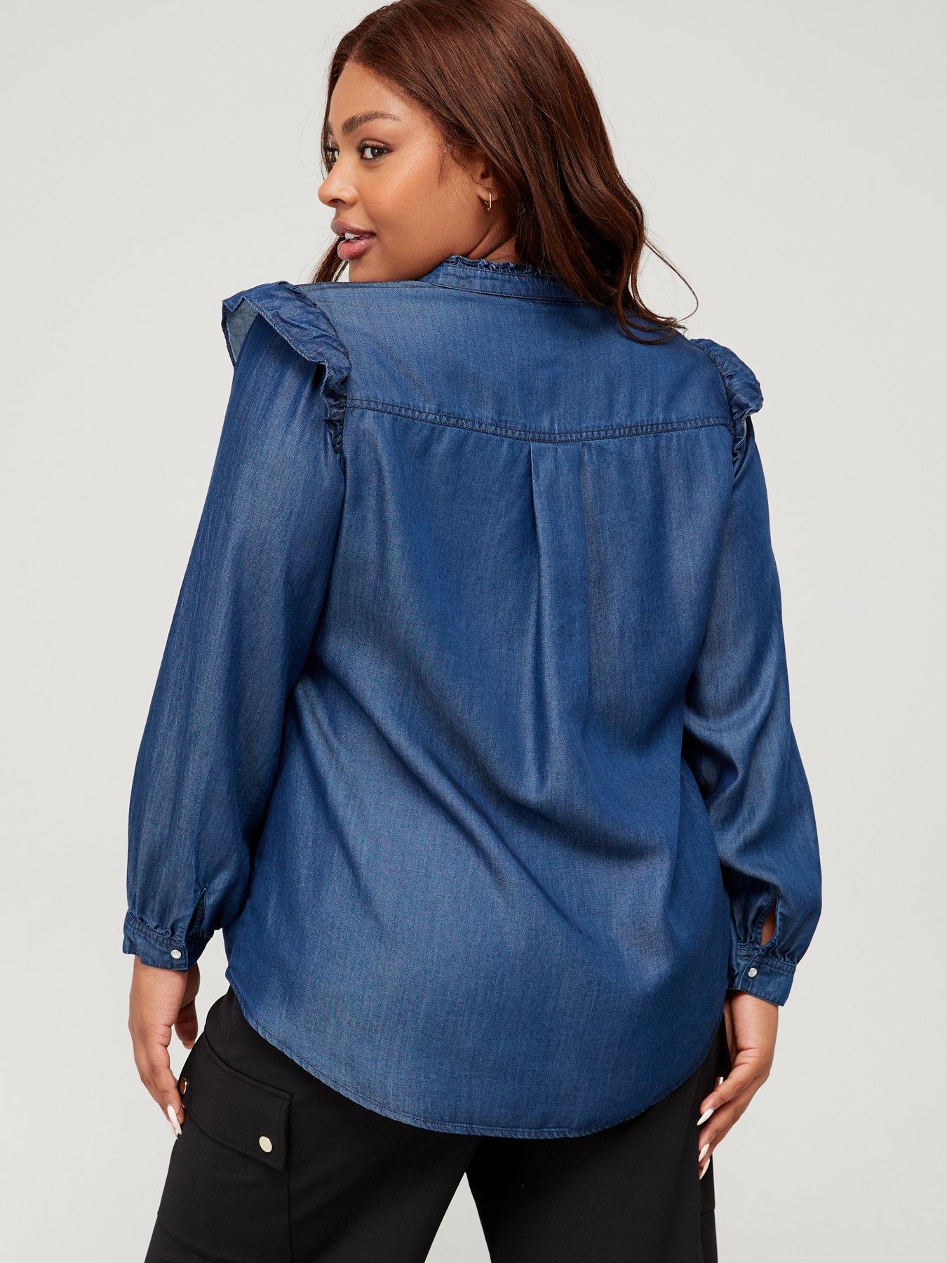 V by Very Curve V Neck Popper Front Denim Shirt