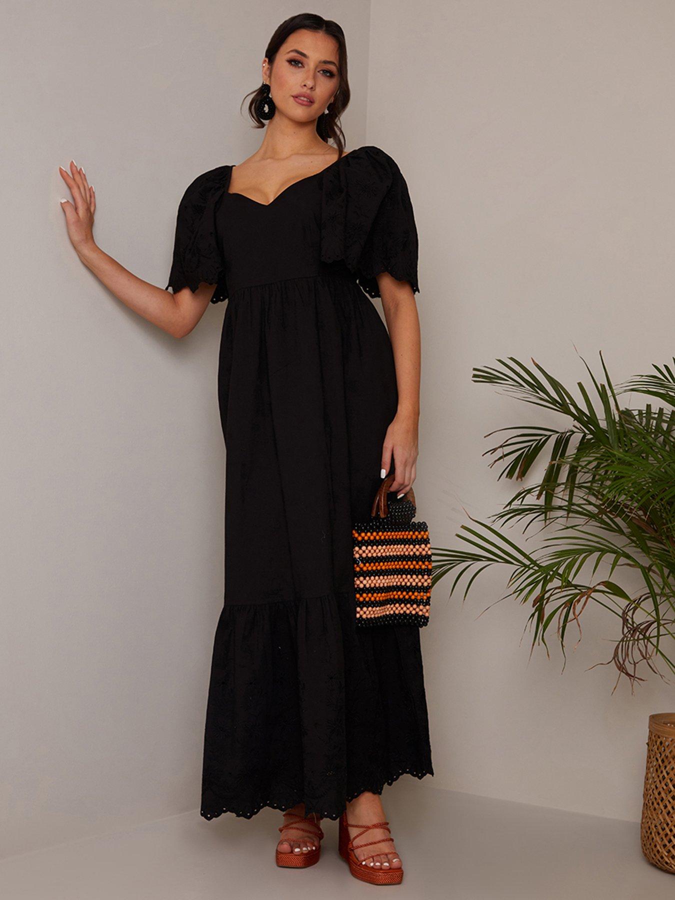 Chi Chi London Broderie Sleeve Poplin Maxi Dress - Black | Very