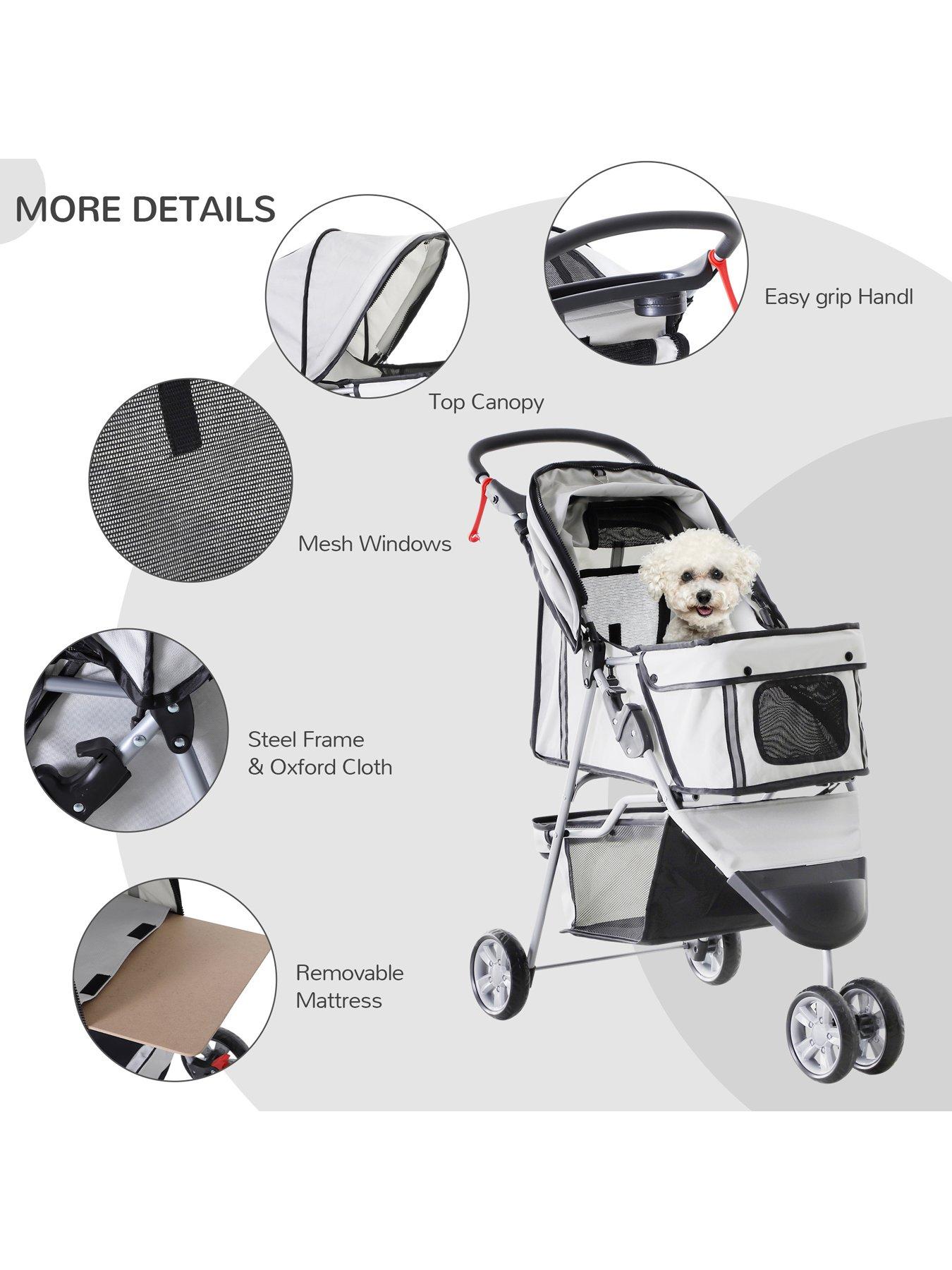 pawhut-dogs-stroller-pushchair-oxford-cloth-3-wheel-pram-grey-suitable-for-small-petsdetail