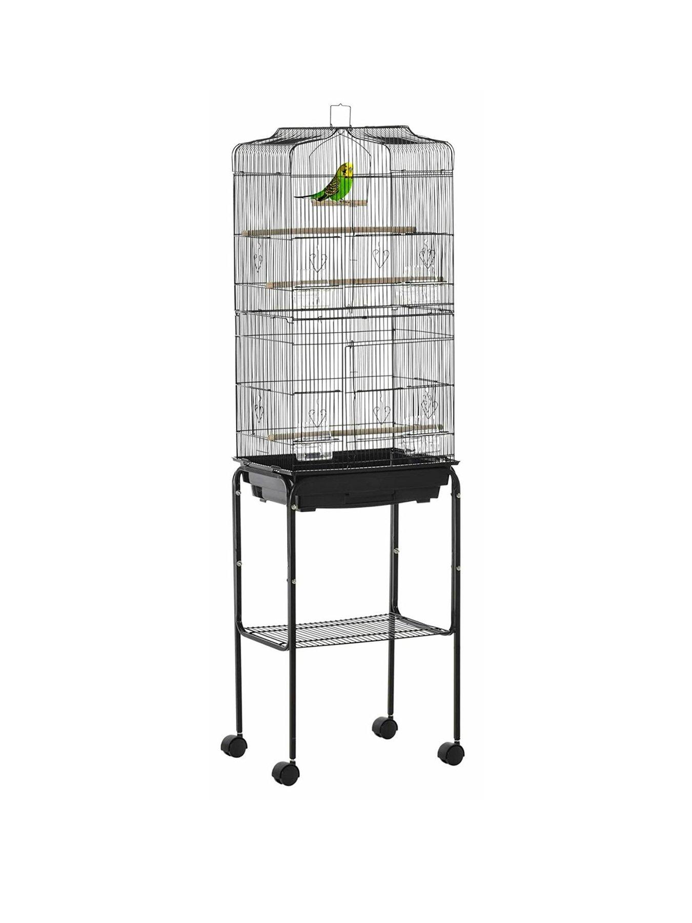 pawhut-bird-cage-with-stand-wheelsnbspslide-out-traynbspaccessories-andnbspstorage-shelf-black