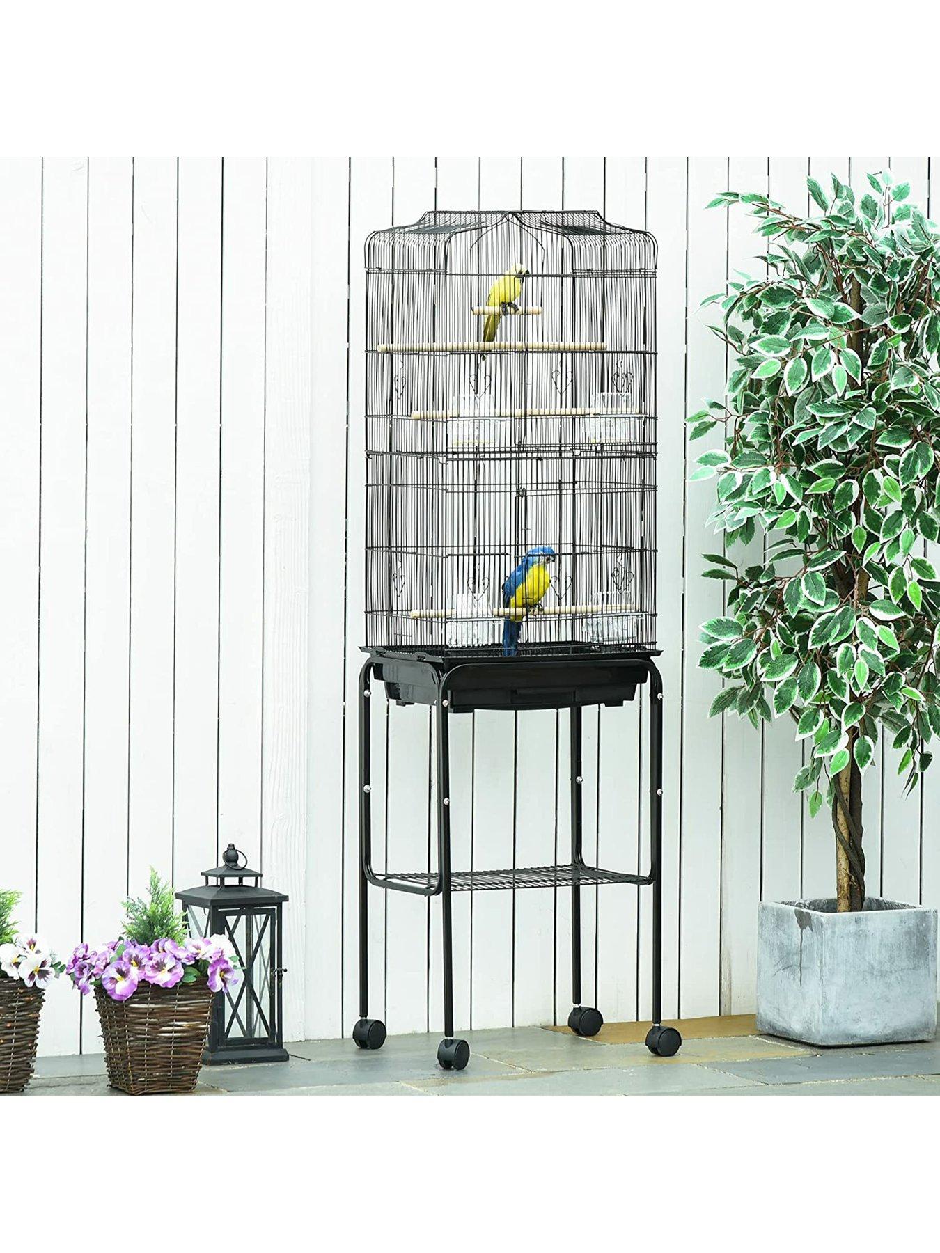 pawhut-bird-cage-with-stand-wheelsnbspslide-out-traynbspaccessories-andnbspstorage-shelf-blackback