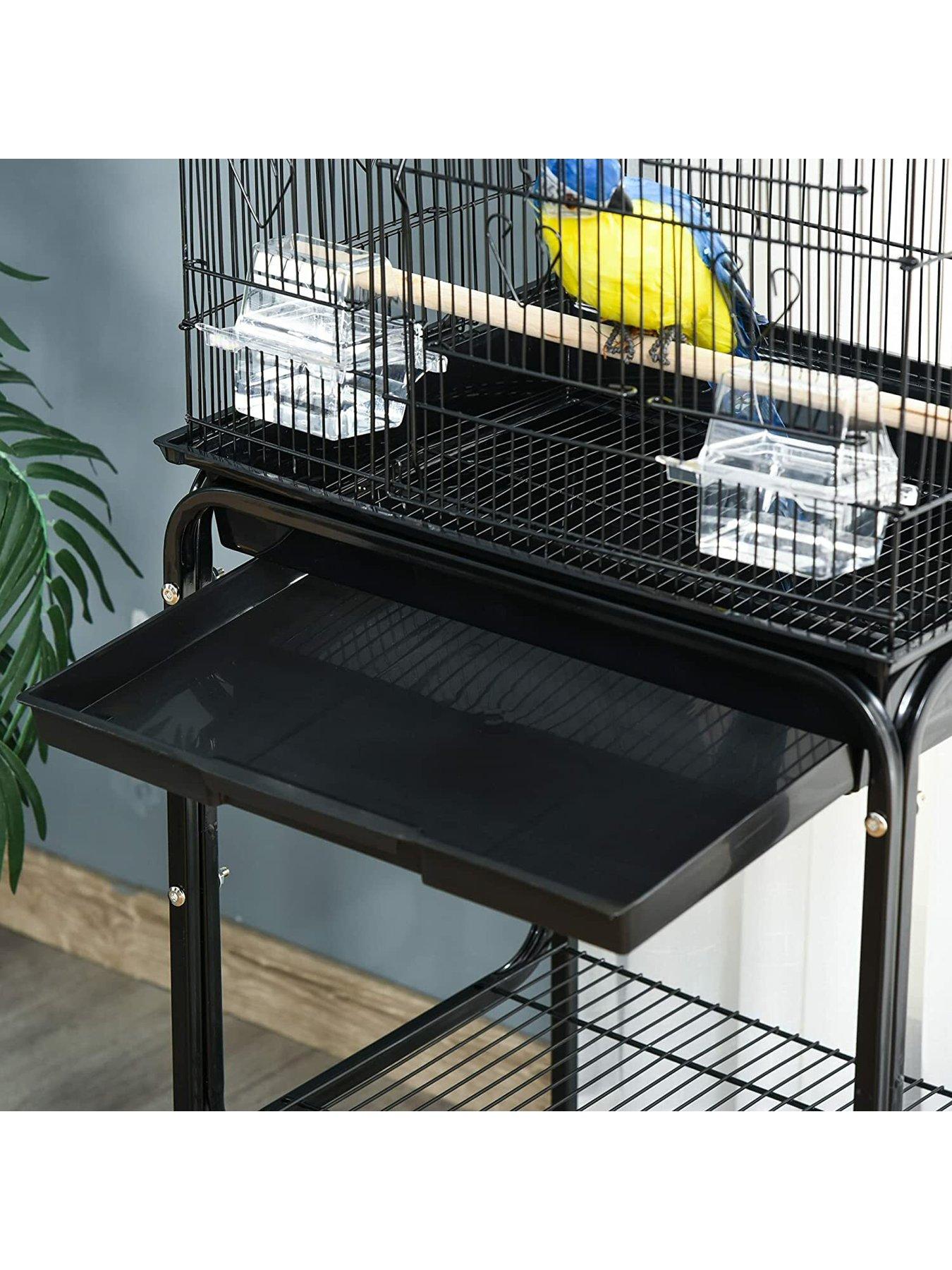 pawhut-bird-cage-with-stand-wheelsnbspslide-out-traynbspaccessories-andnbspstorage-shelf-blackoutfit