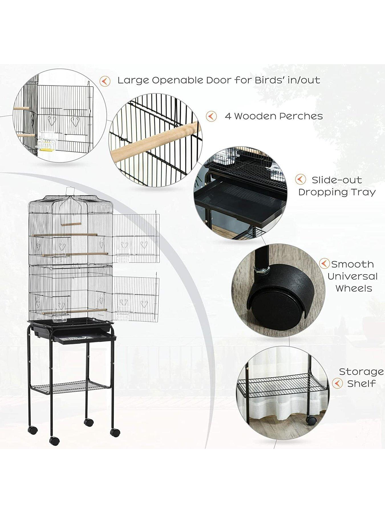 pawhut-bird-cage-with-stand-wheelsnbspslide-out-traynbspaccessories-andnbspstorage-shelf-blackdetail