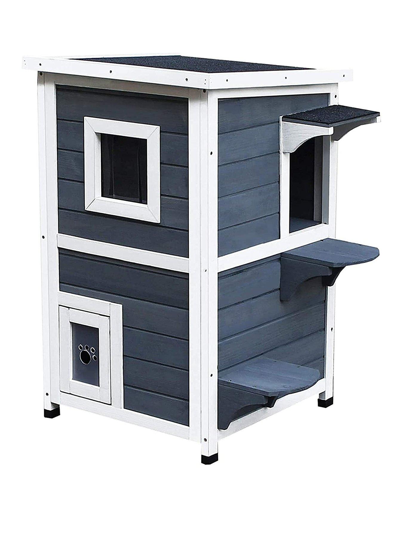 Image of PawHut Outdoor Solid Wood 2-Floor Cat Condo/Pet House
