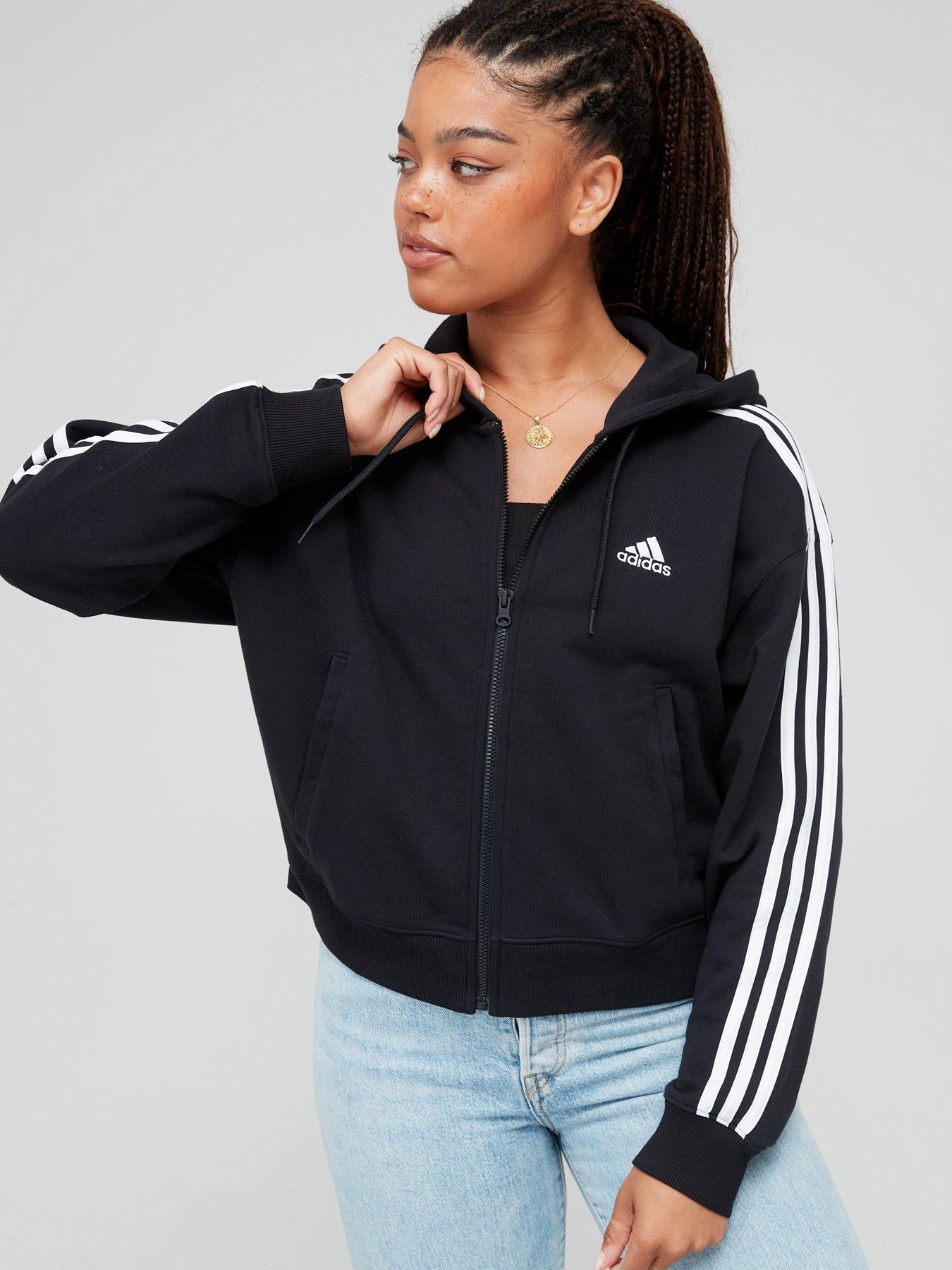 Adidas black jacket white stripes womens hotsell