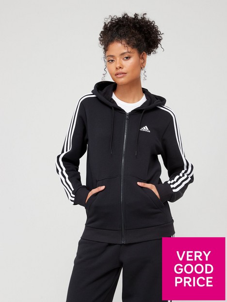 adidas-sportswear-essentials-3-stripes-full-zip-fleece-hoodie-blackwhite