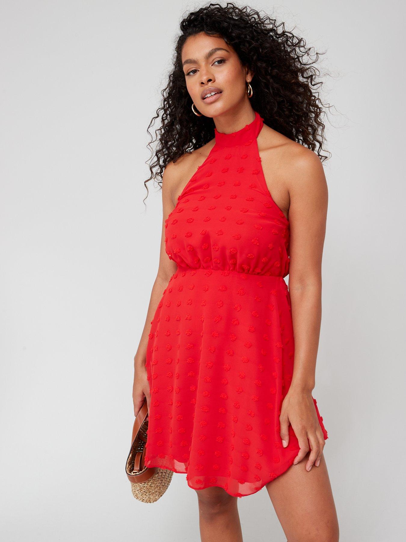 Red halter store neck skater dress