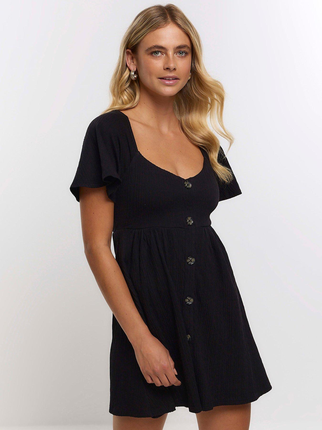 river-island-textured-button-mini-tea-dress-blackfront