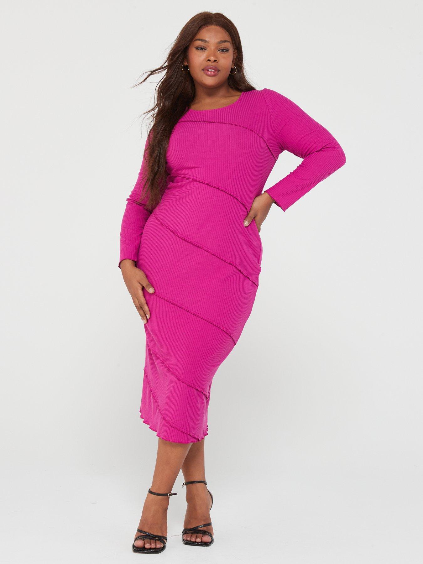 V by Very Curve Long Sleeve Seam Detail Rib Midi Dress - Pink