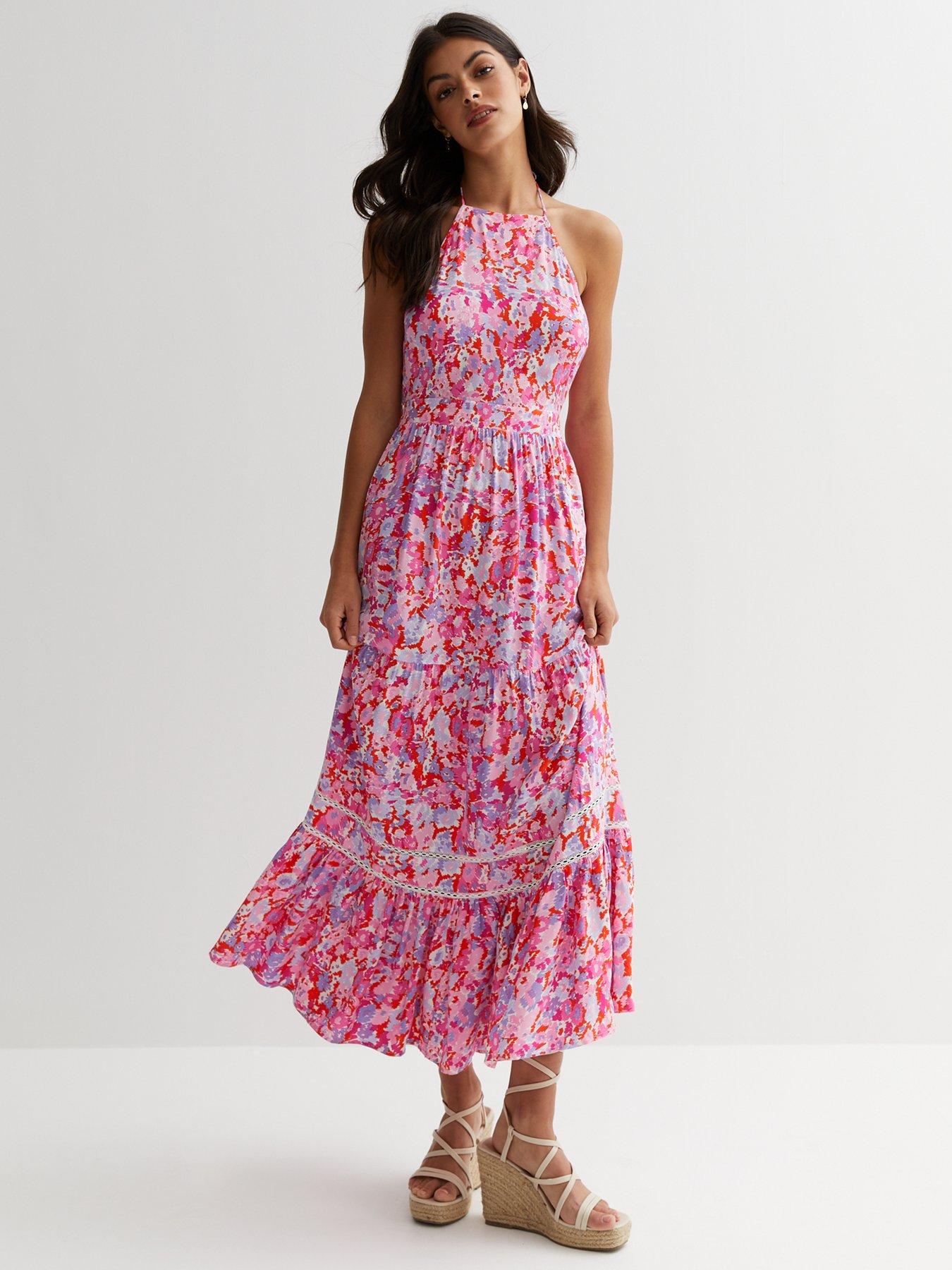 New Look Pink Floral Tiered Halter Midi Dress | Very Ireland