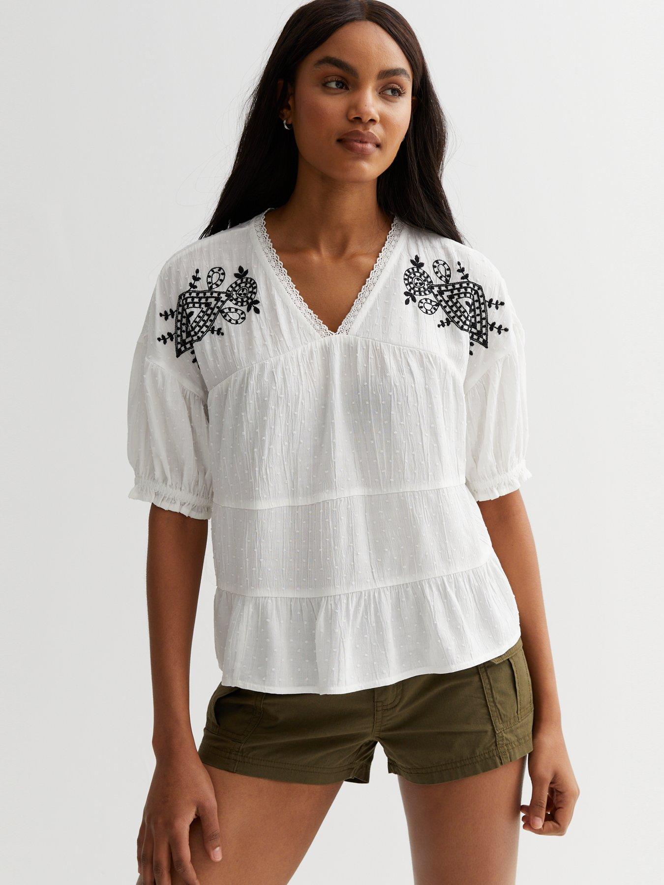 New Look White Embroidered Square Neck Shell Top