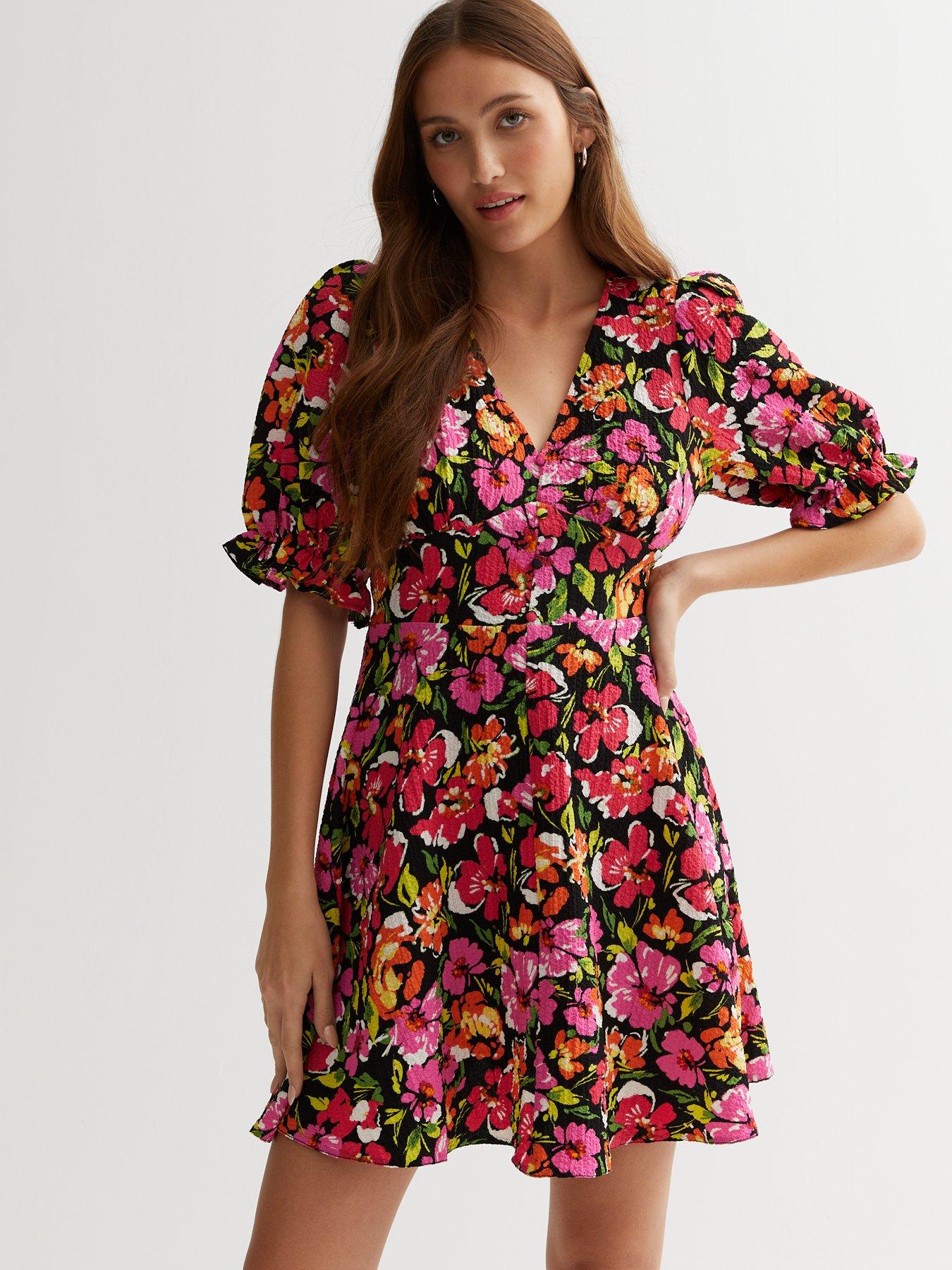 New Look Multicoloured Floral Puff Sleeve Mini Dress