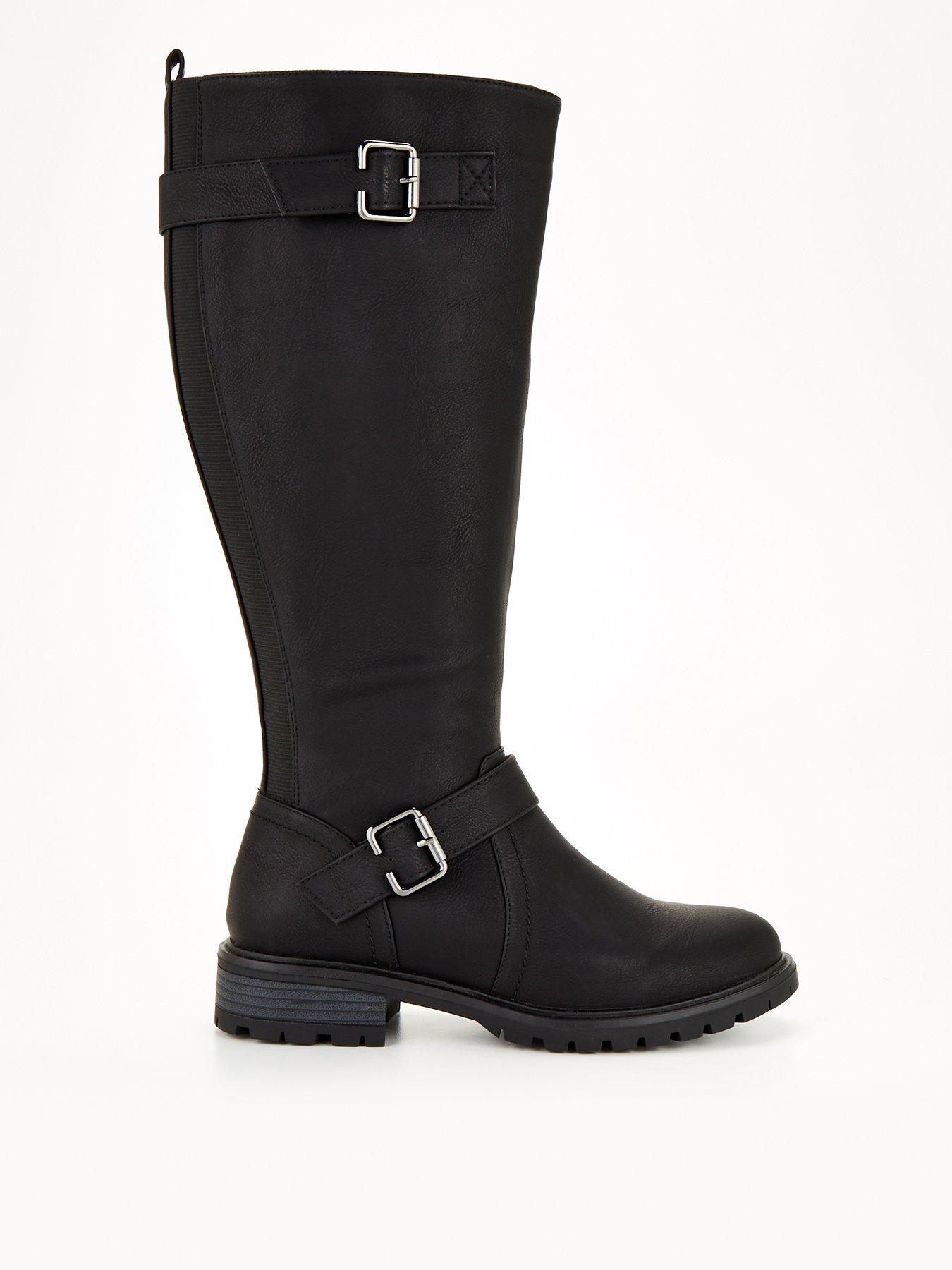 Wide Fit Buckle Knee Boot With Wider Fitting Calf Black