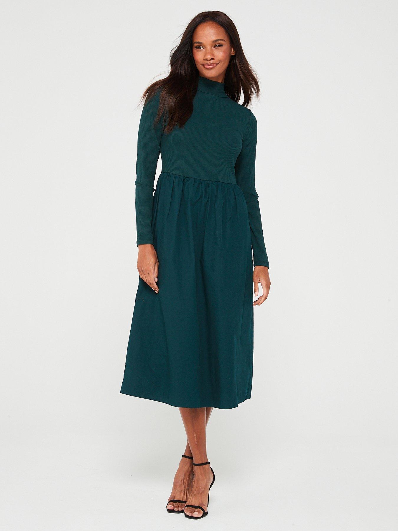 V by Very High Neck Woven Hem Dress Green Very Ireland