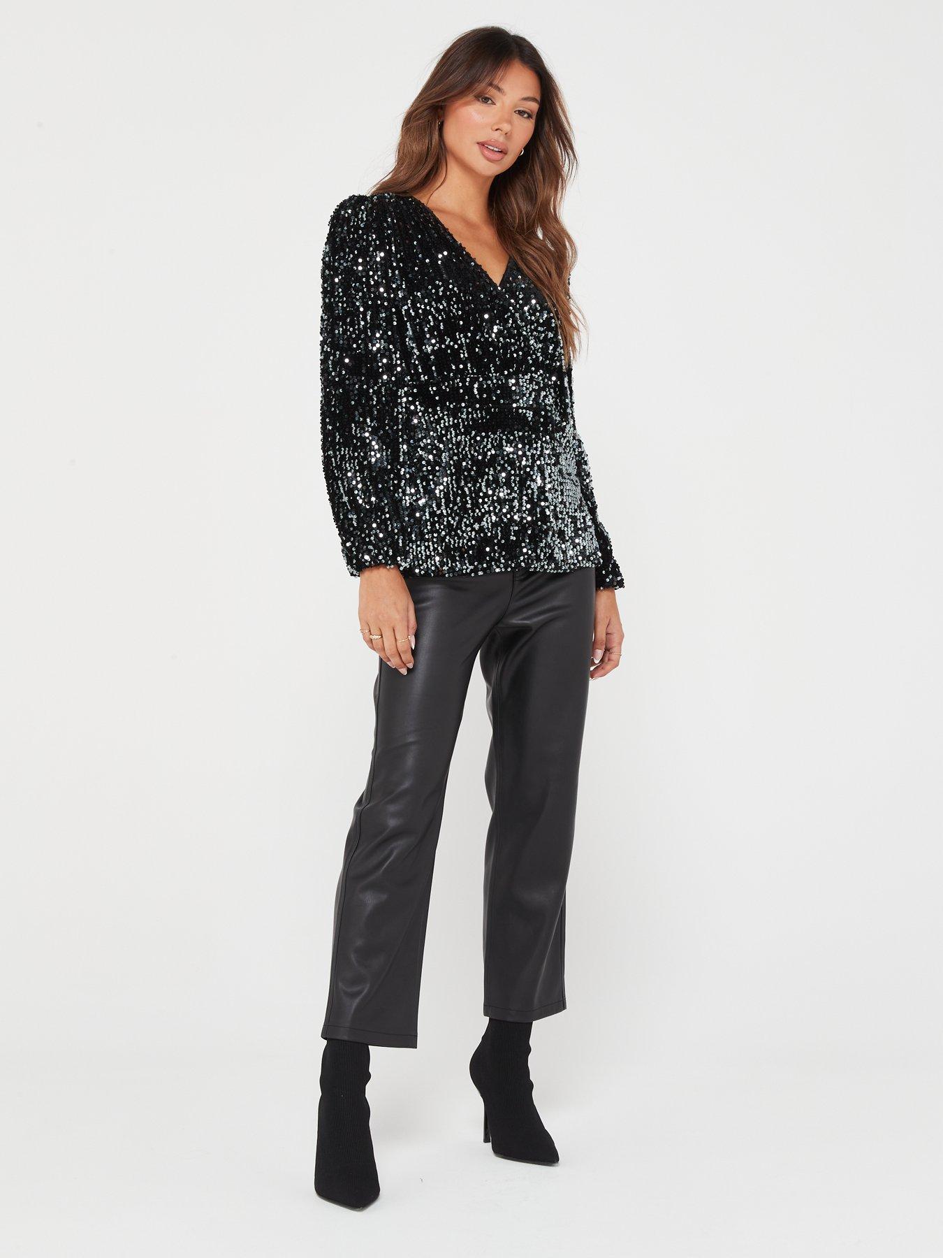 Wrap Over Sequin Blouse - Black