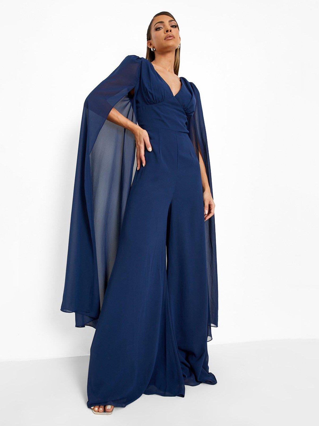 Navy plunge front store cape jumpsuit