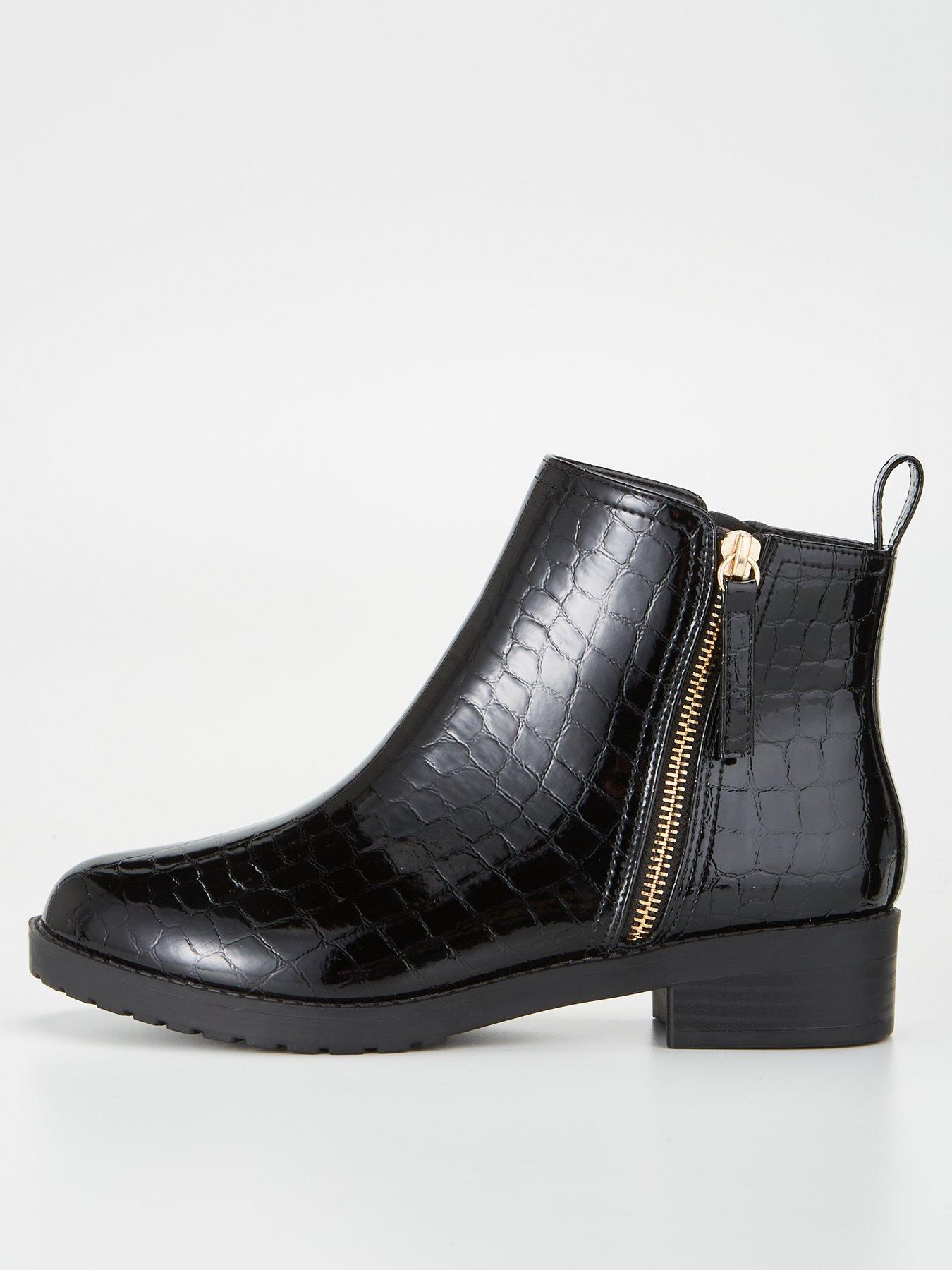 Wide Fit Patent Chunky Zip Ankle Boot Black