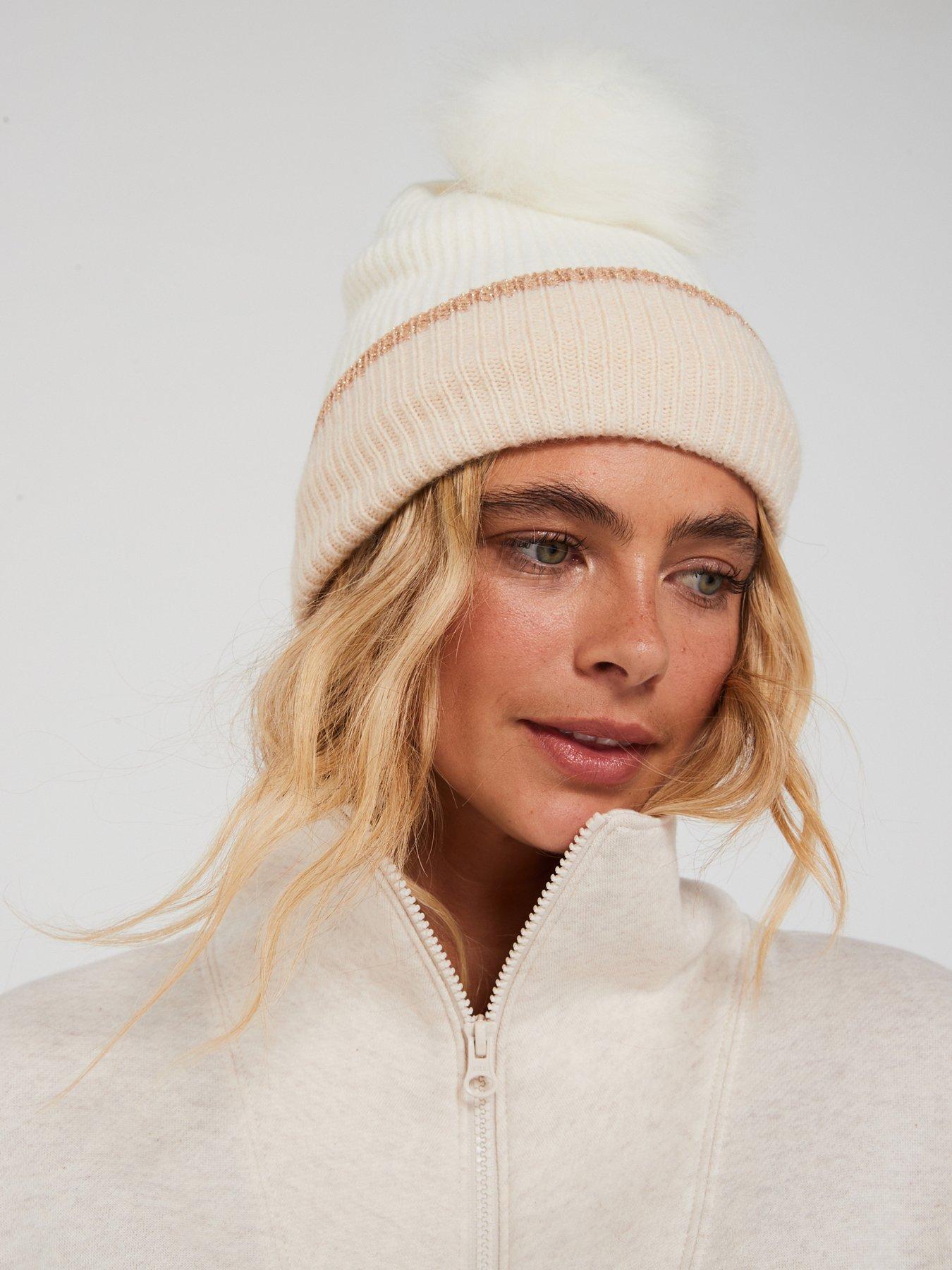 Contrast Beanie Hat With Faux Fur Pom Cream Gold