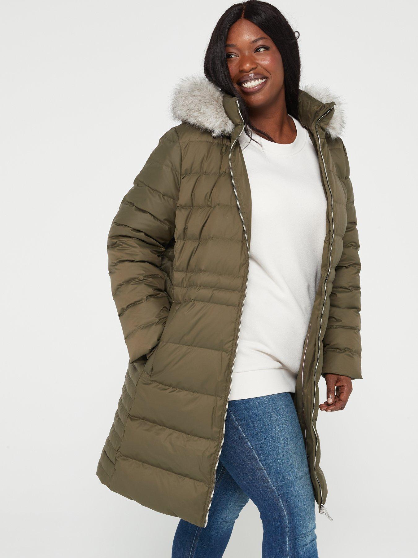 Khaki puffer jacket with faux fur hood sale