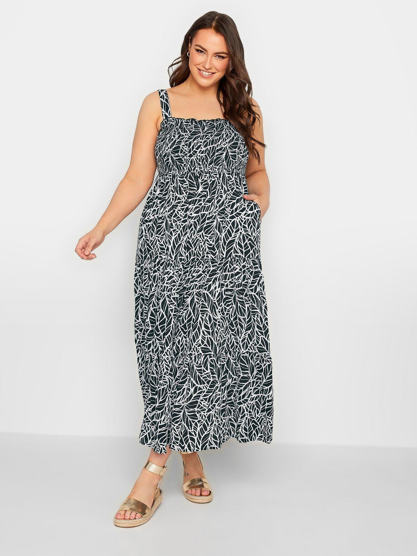 yours-shirred-strappy-tiered-dress-mono-leaffront