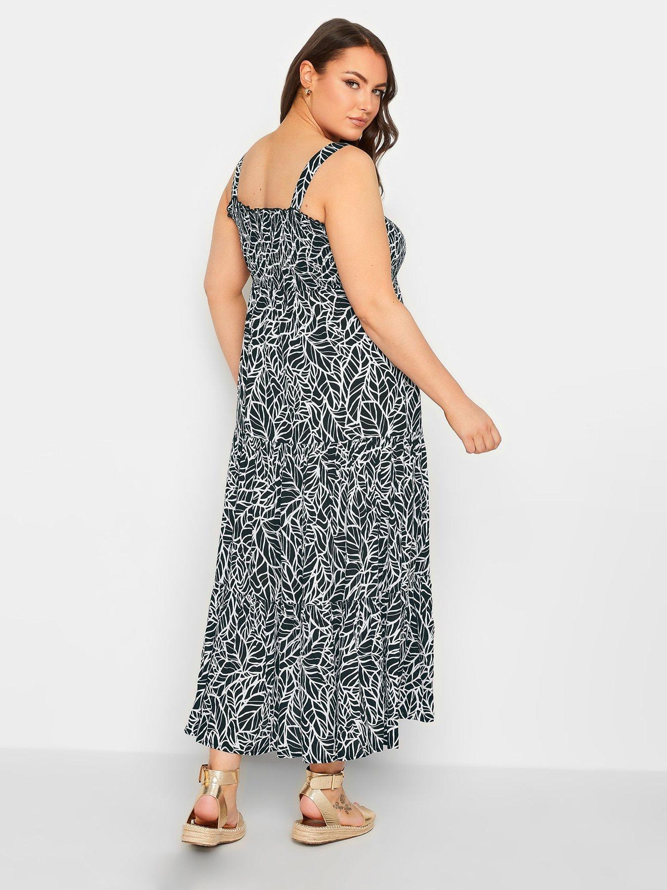 yours-shirred-strappy-tiered-dress-mono-leafstillFront