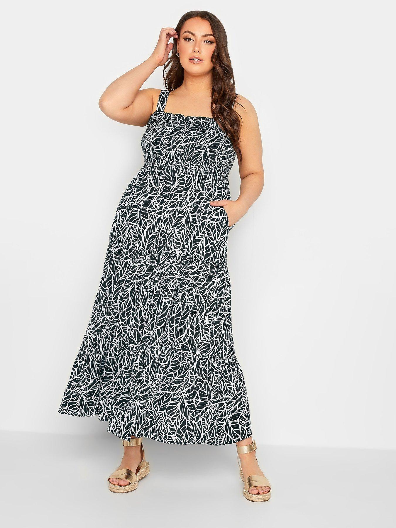 yours-shirred-strappy-tiered-dress-mono-leafback