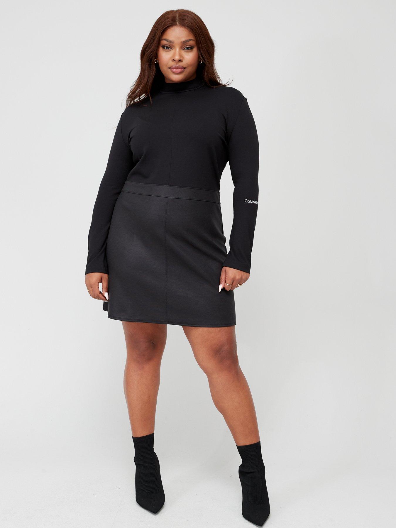 Plus Coated Milano A-line Long Sleeve Dress - Black