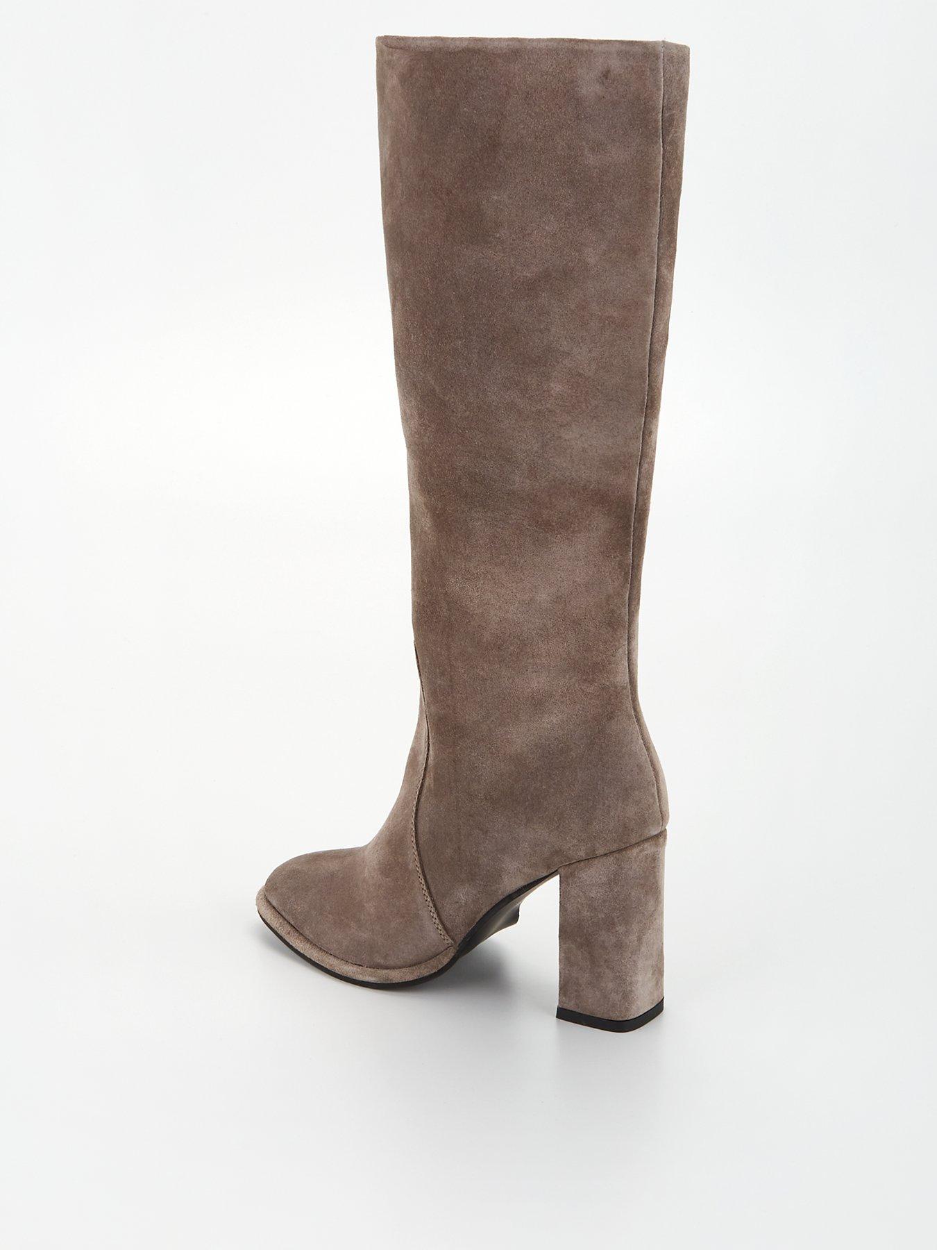 Fig & Basil Real Suede Block Heel Knee Boot - Grey