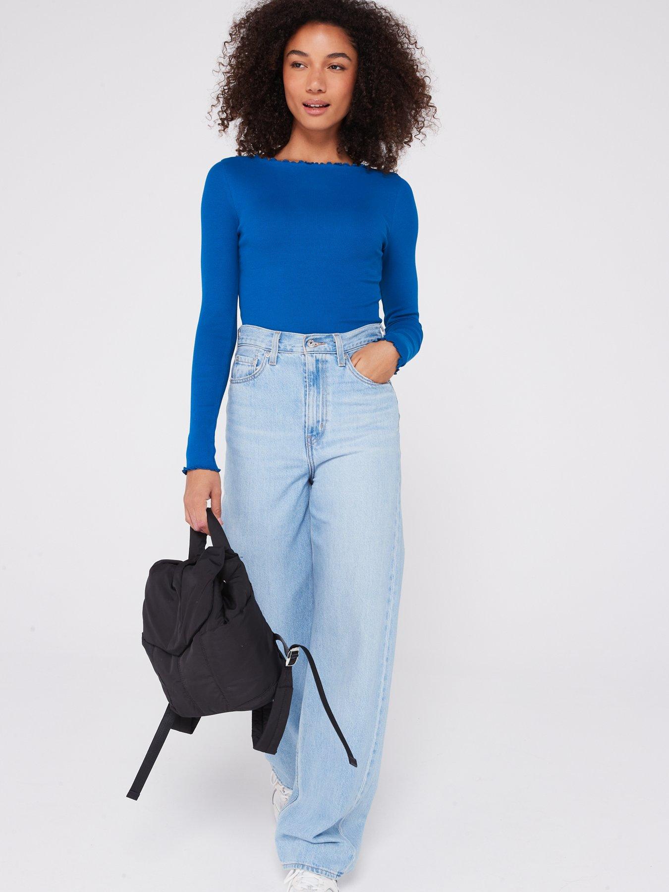 Everyday Lettuce Hem Long Sleeve Rib Top - Blue