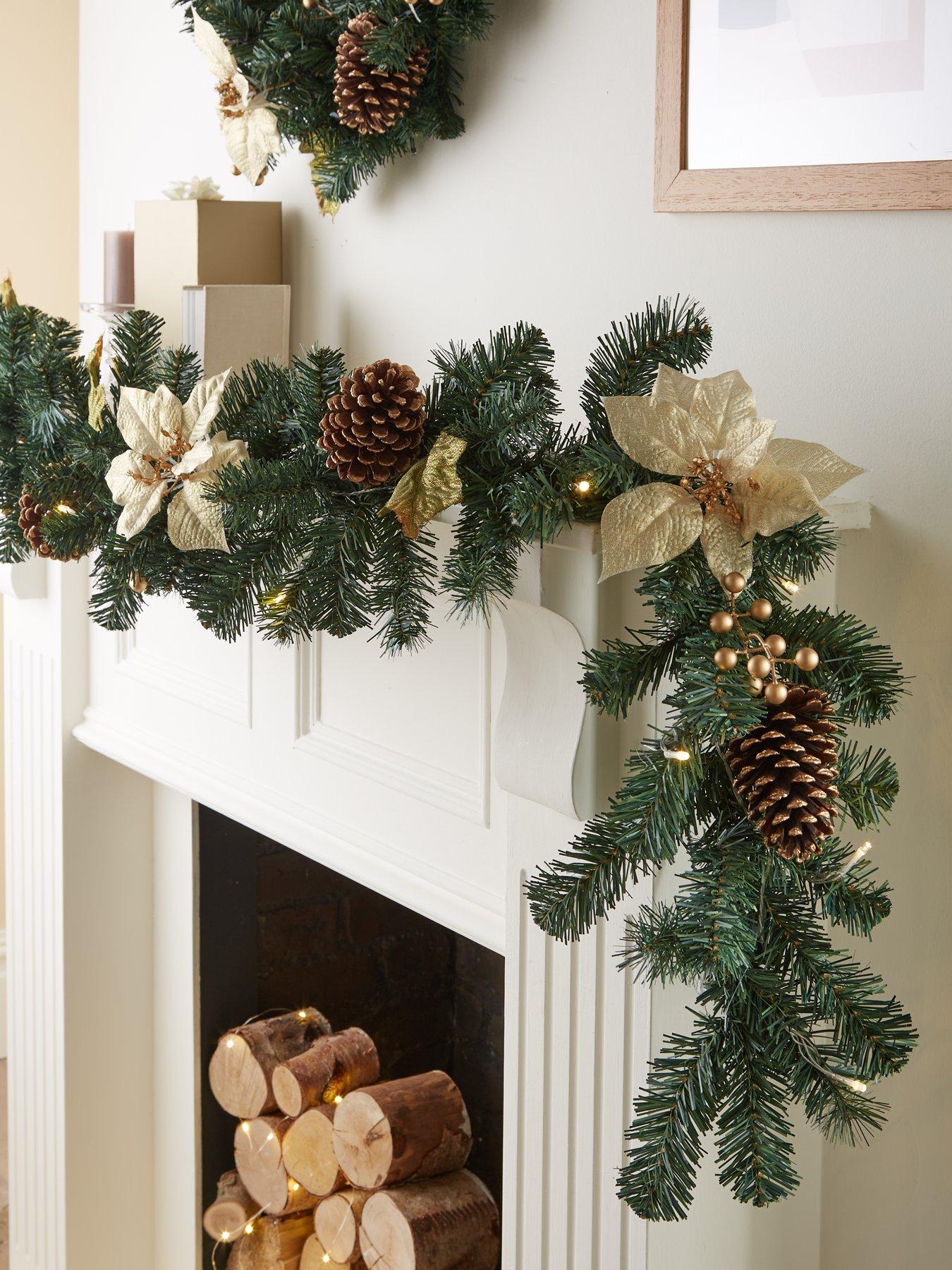 The Very Collection 6ft Poinsettia Pre Lit Christmas Garland - Gold