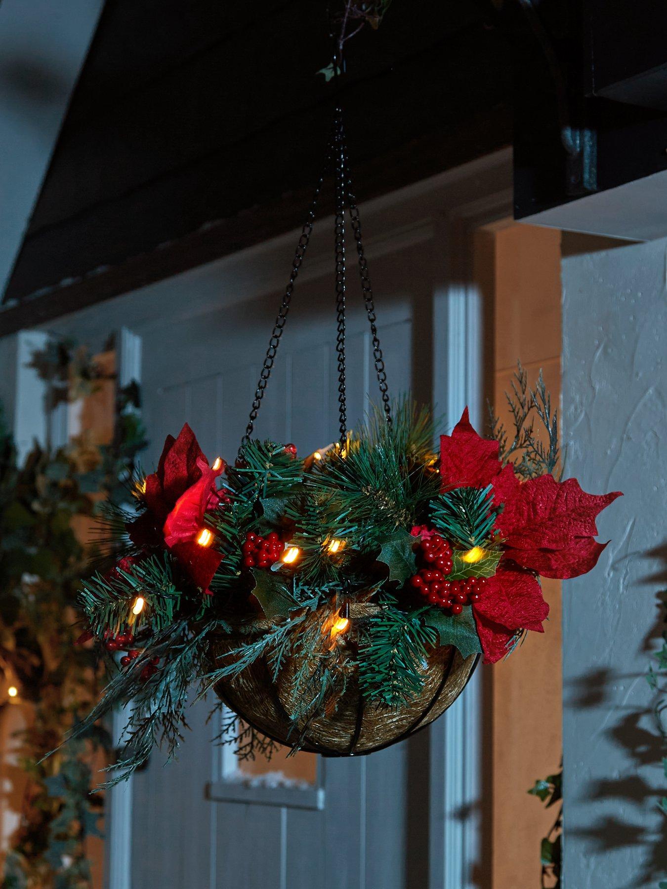 undefined Pre Lit Poinsettia Christmas Hanging Basket - Red