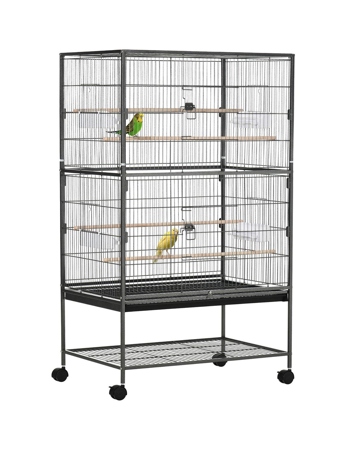 Image of PawHut PawHut Large Bird Cage Budgie Cage for Finch Canaries Parakeet with Rolling Stand, Slide-out Tray, Storage Shelf, Food Containers, Dark Grey