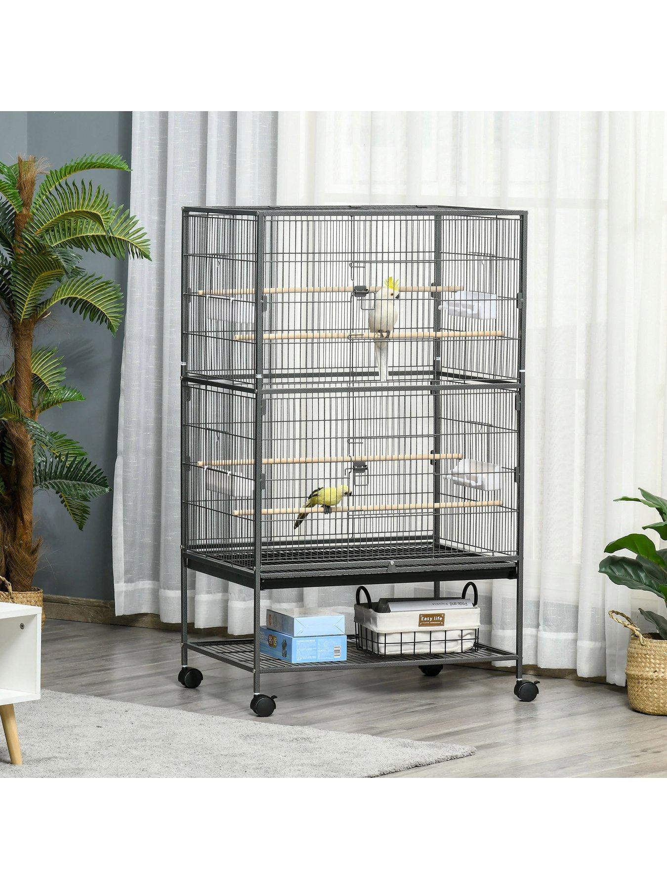 Image 2 of 7 of PawHut PawHut Large Bird Cage Budgie Cage for Finch Canaries Parakeet with Rolling Stand, Slide-out Tray, Storage Shelf, Food Containers, Dark Grey