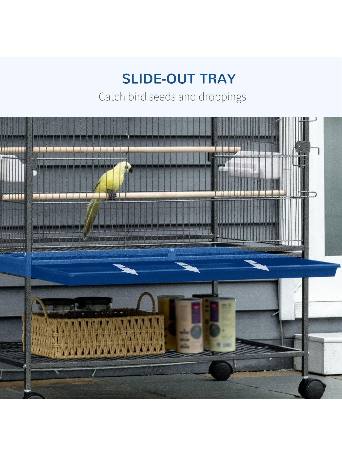 Image 4 of 7 of PawHut PawHut Large Bird Cage Budgie Cage for Finch Canaries Parakeet with Rolling Stand, Slide-out Tray, Storage Shelf, Food Containers, Dark Grey