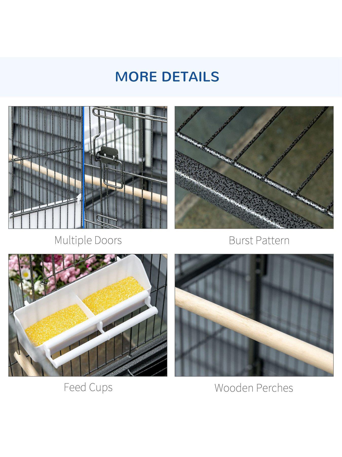 Image 7 of 7 of PawHut PawHut Large Bird Cage Budgie Cage for Finch Canaries Parakeet with Rolling Stand, Slide-out Tray, Storage Shelf, Food Containers, Dark Grey