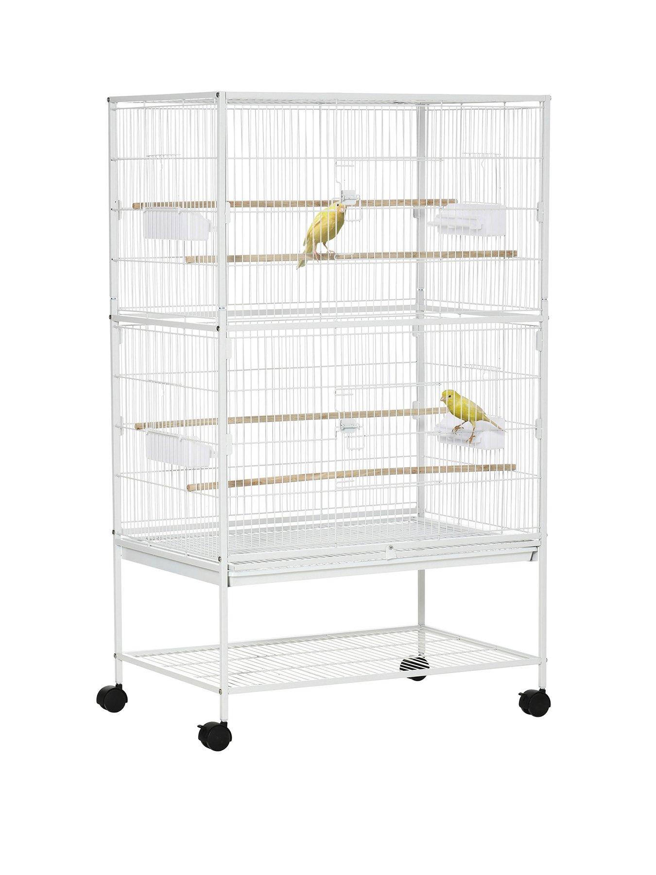 Image of PawHut PawHut Large Bird Cage Aviary for Finch Canaries, Budgies with Rolling Stand, Slide-out Tray, Storage Shelf, Wood Perch, Food Containers, White