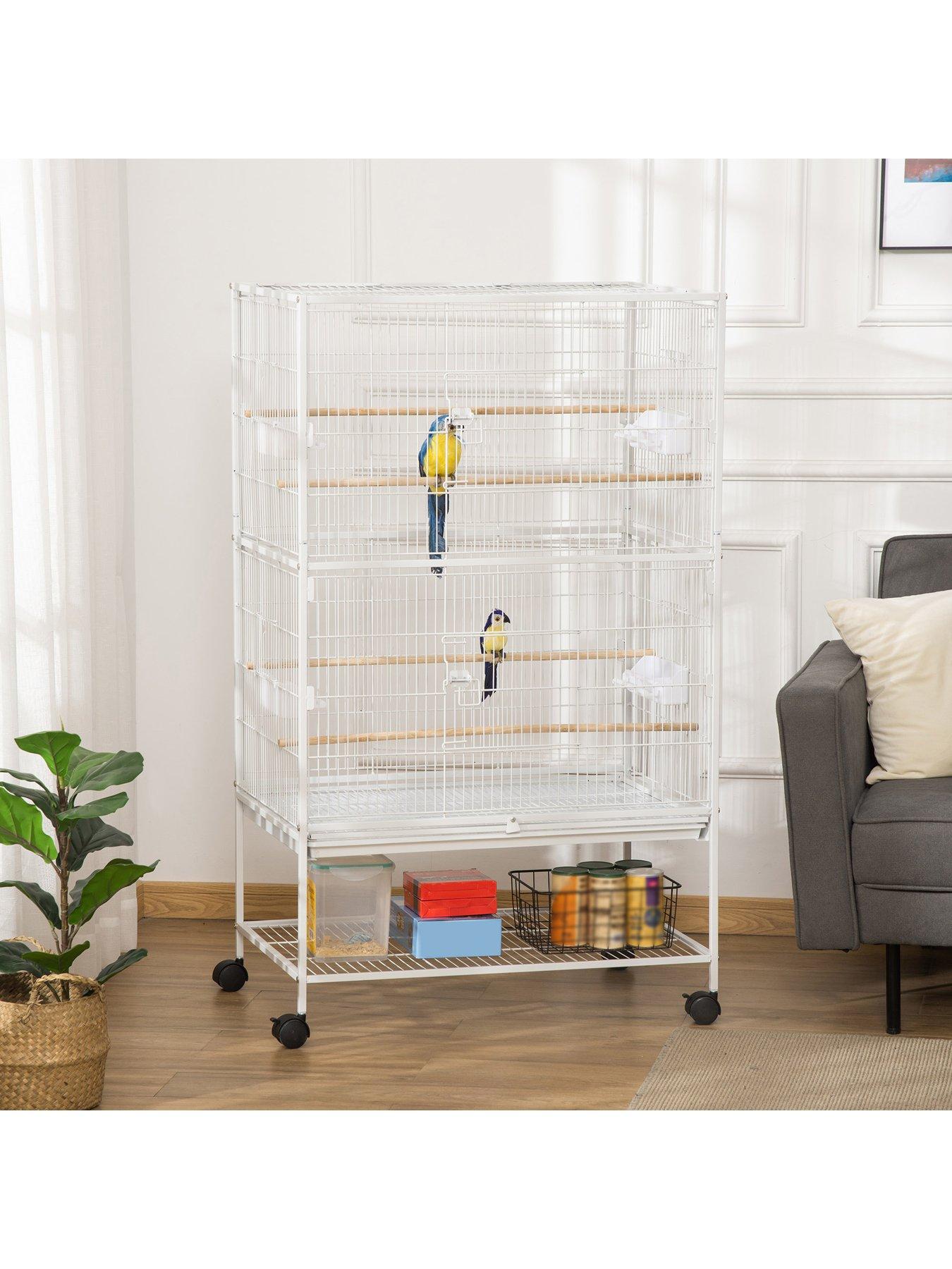 pawhut-pawhut-large-bird-cage-aviary-for-finch-canaries-budgies-with-rolling-stand-slide-out-tray-storage-shelf-wood-perch-food-containers-whitestillFront