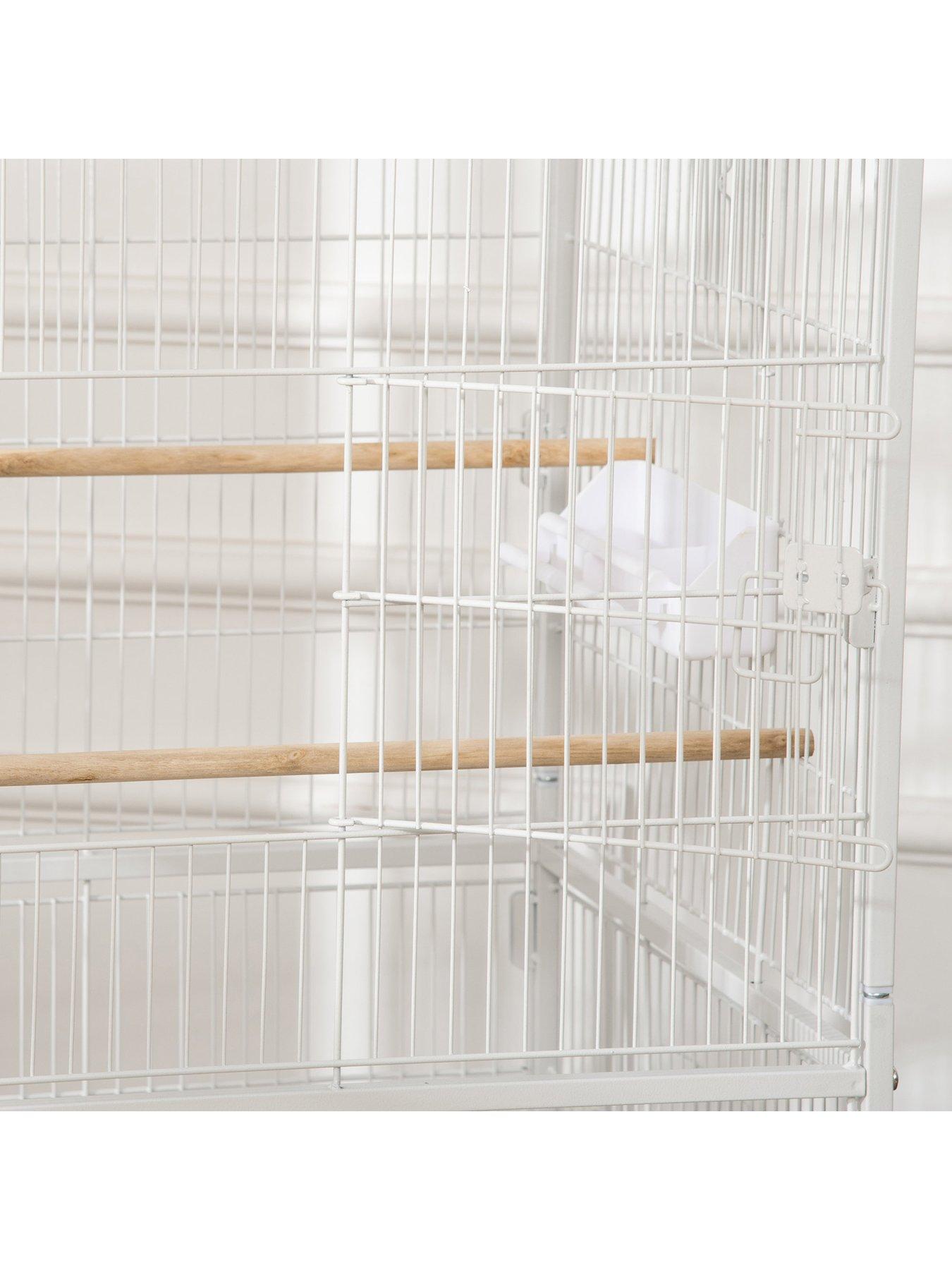 pawhut-pawhut-large-bird-cage-aviary-for-finch-canaries-budgies-with-rolling-stand-slide-out-tray-storage-shelf-wood-perch-food-containers-whitedetail