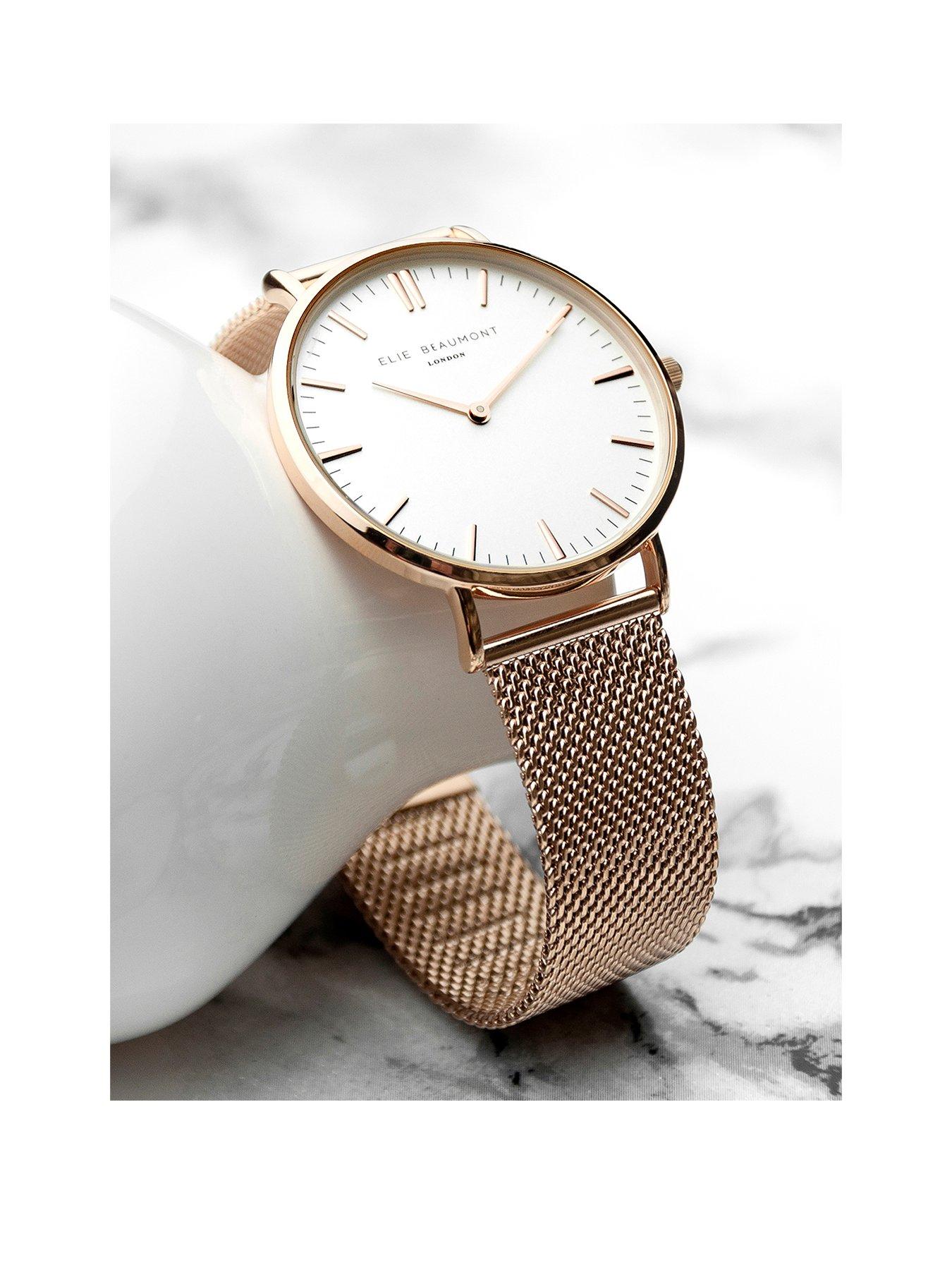 treat-republic-personalised-elie-beaumont-ladies-rose-gold-mesh-strapped-watch-with-white-dialstillFront