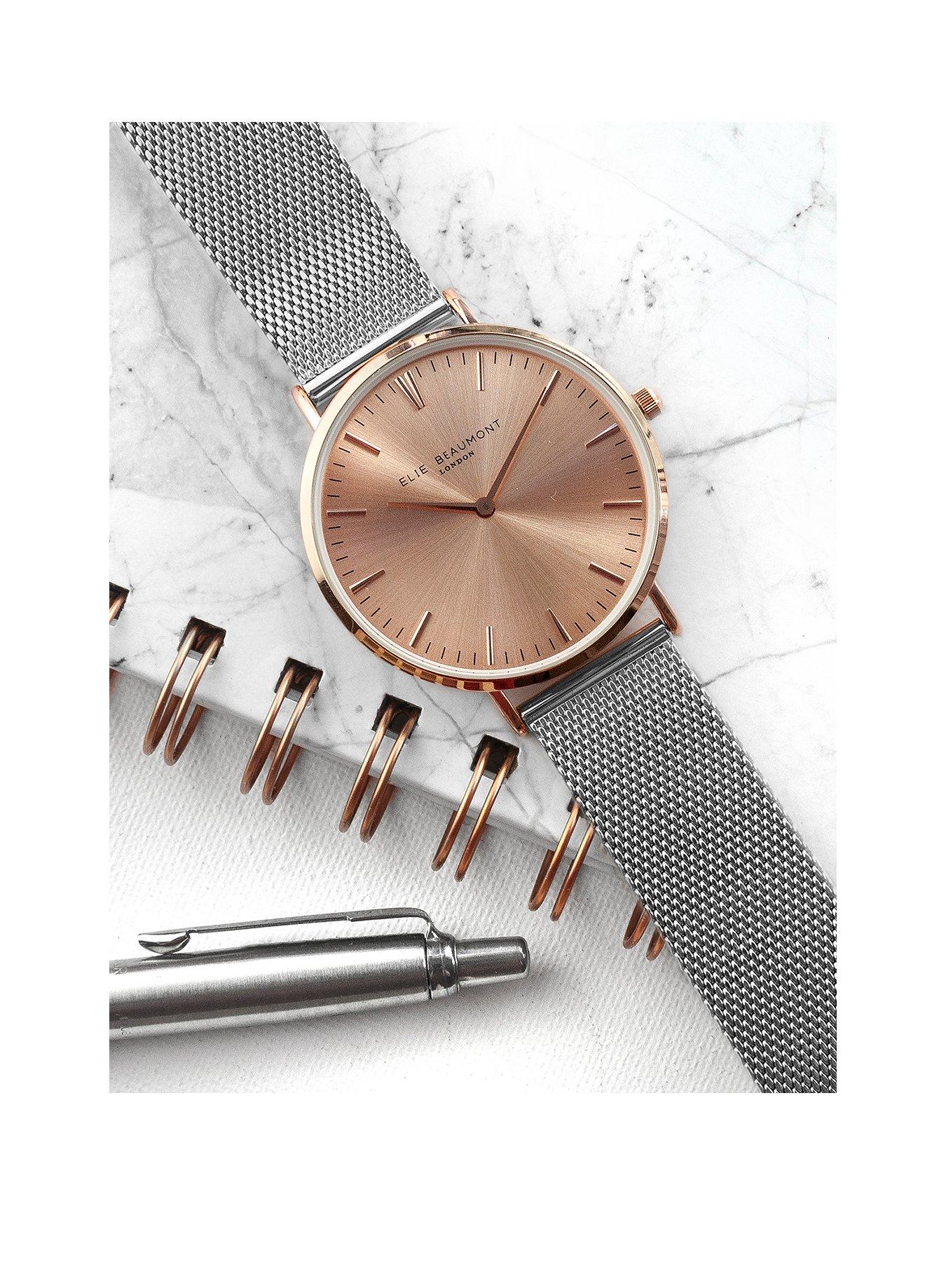 treat-republic-personalised-elie-beaumont-ladies-metallic-mesh-strap-watch-with-rose-gold-dialfront