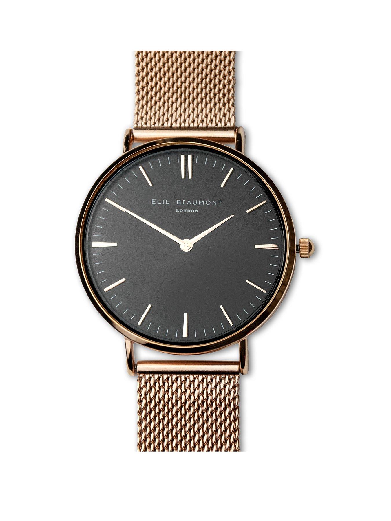 treat-republic-personalised-elie-beaumont-ladies-rose-gold-mesh-strapped-watch-with-black-dial