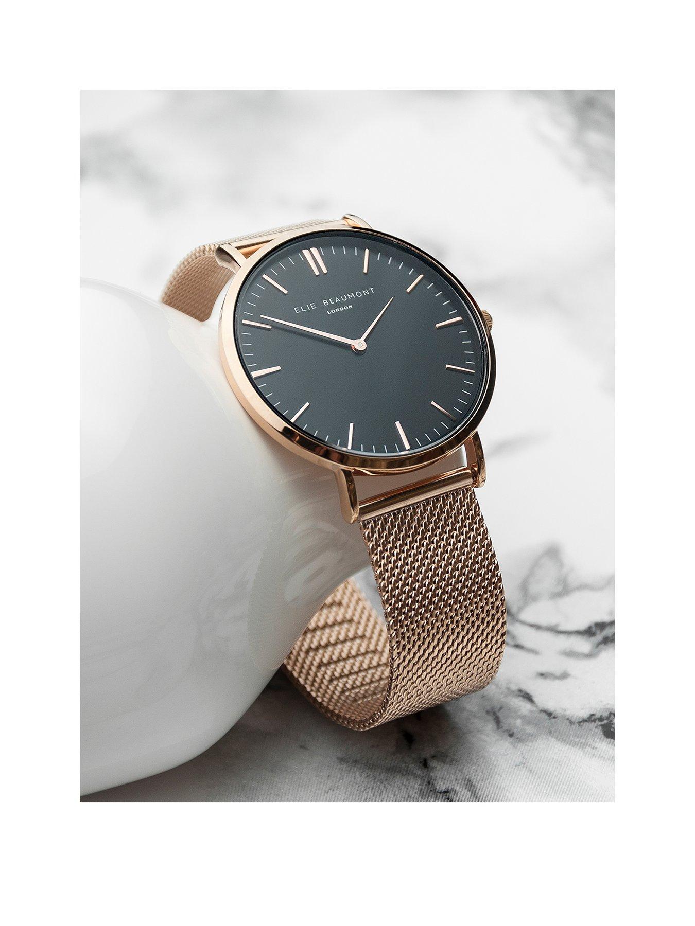 treat-republic-personalised-elie-beaumont-ladies-rose-gold-mesh-strapped-watch-with-black-dialstillFront