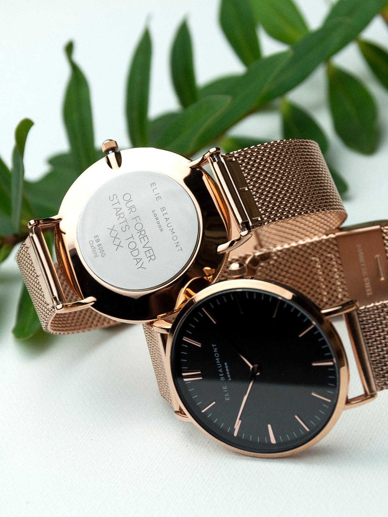 treat-republic-personalised-elie-beaumont-ladies-rose-gold-mesh-strapped-watch-with-black-dialoutfit