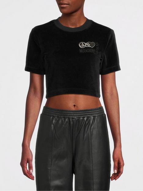 m05ch1n0-jeans-cropped-velour-t-shirt-fantasy-print-black