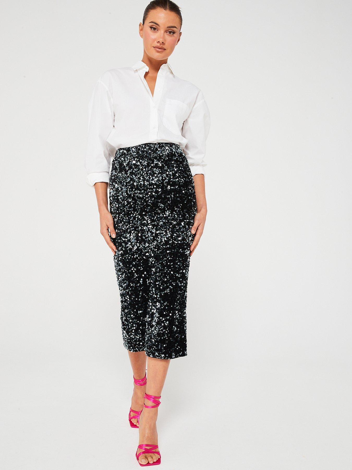 Black velvet 2025 glitter midi skirt