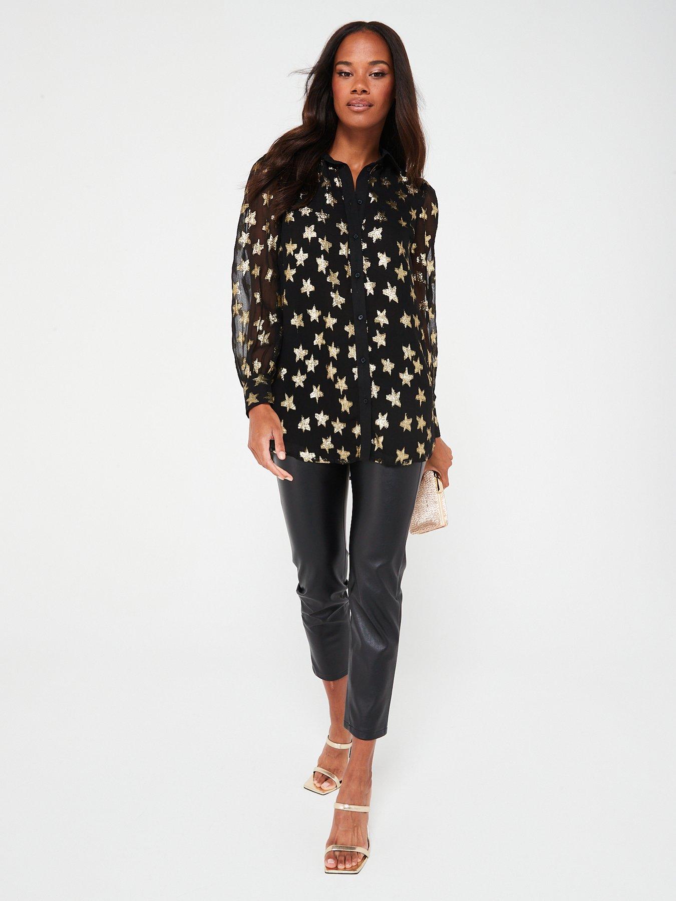 V by Very Star Print Sheer Shirt - Black