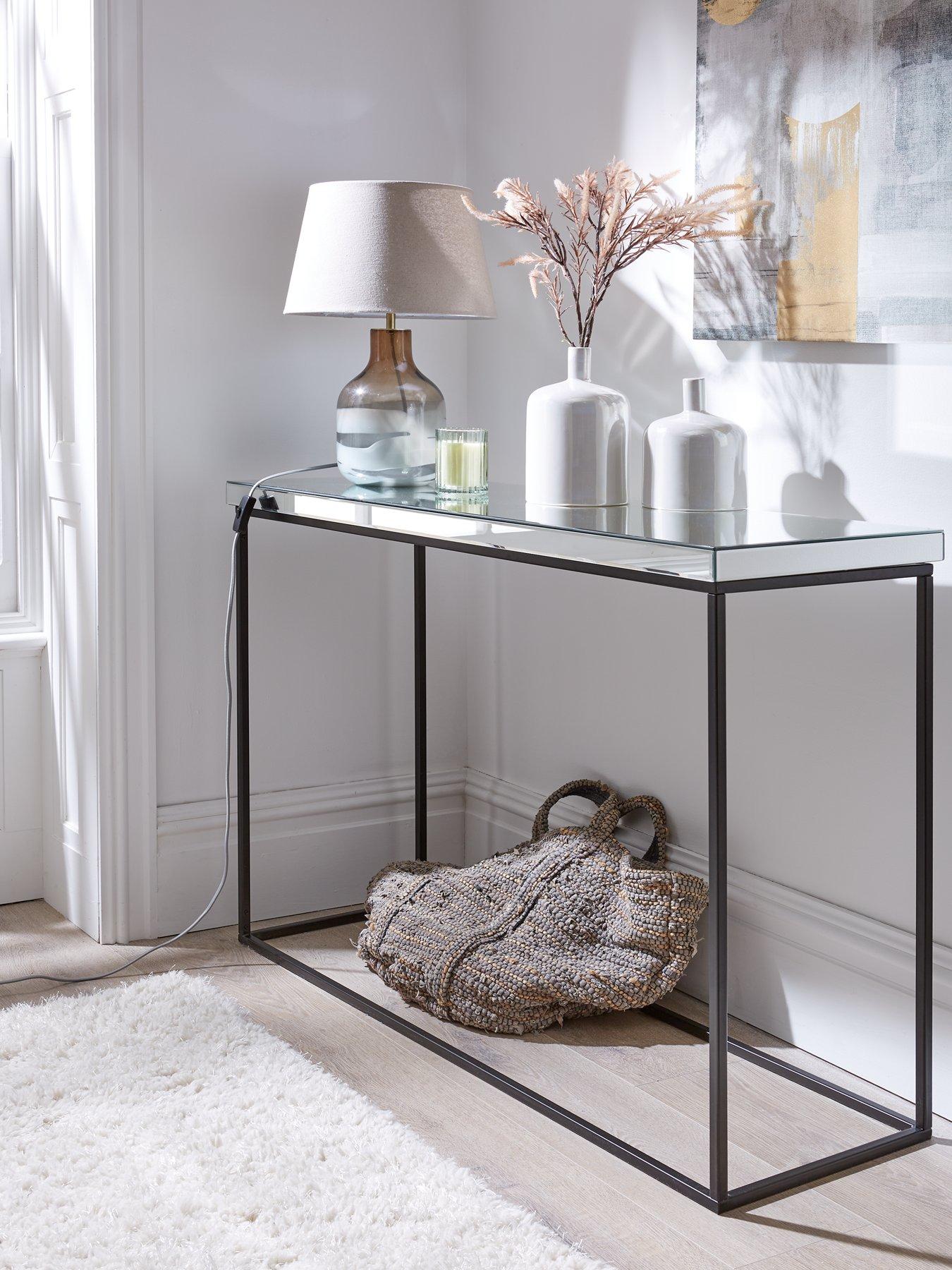 Christie glass and chrome deals console table