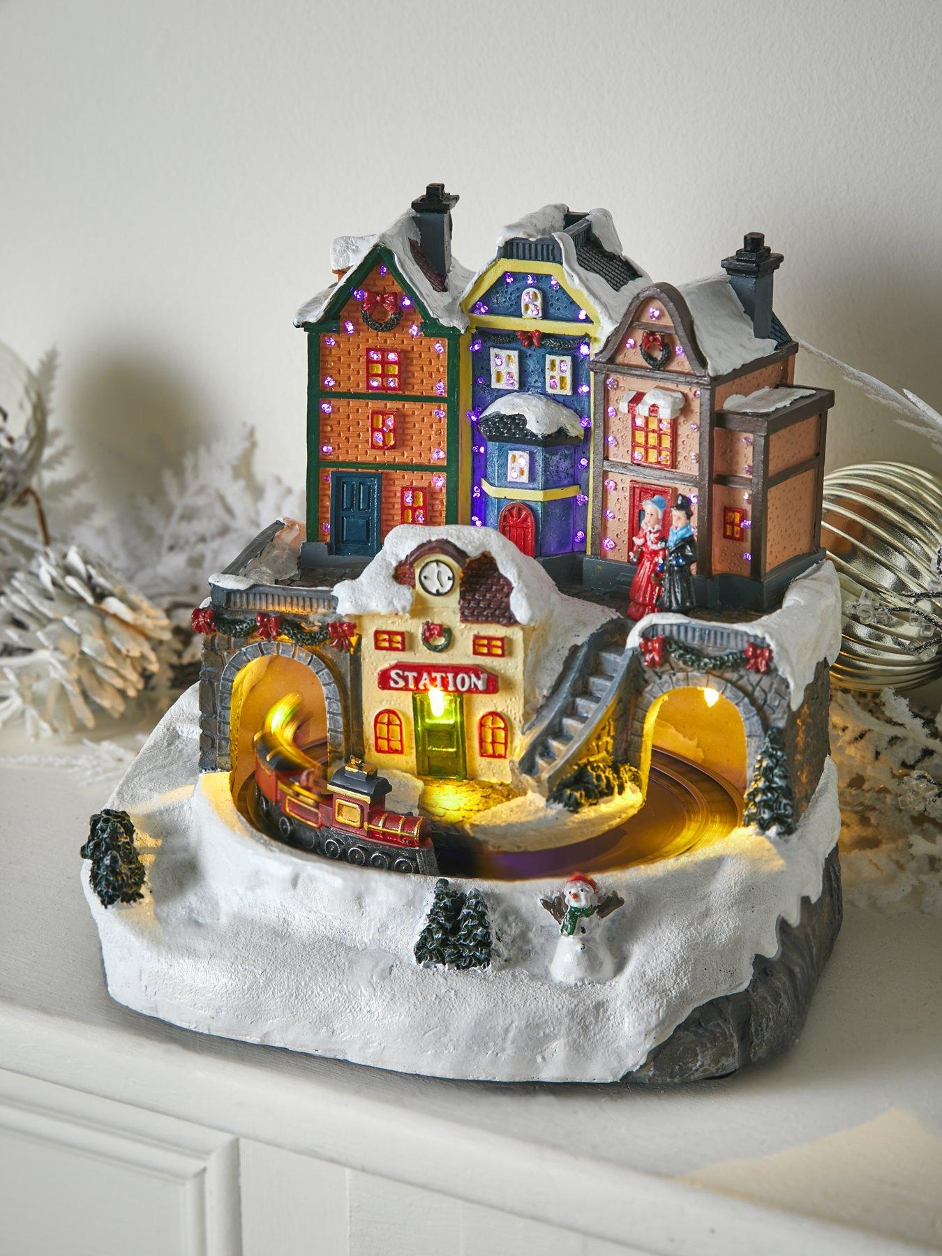 Very Home LED Train Station Christmas Scene with Music and Rotating Train